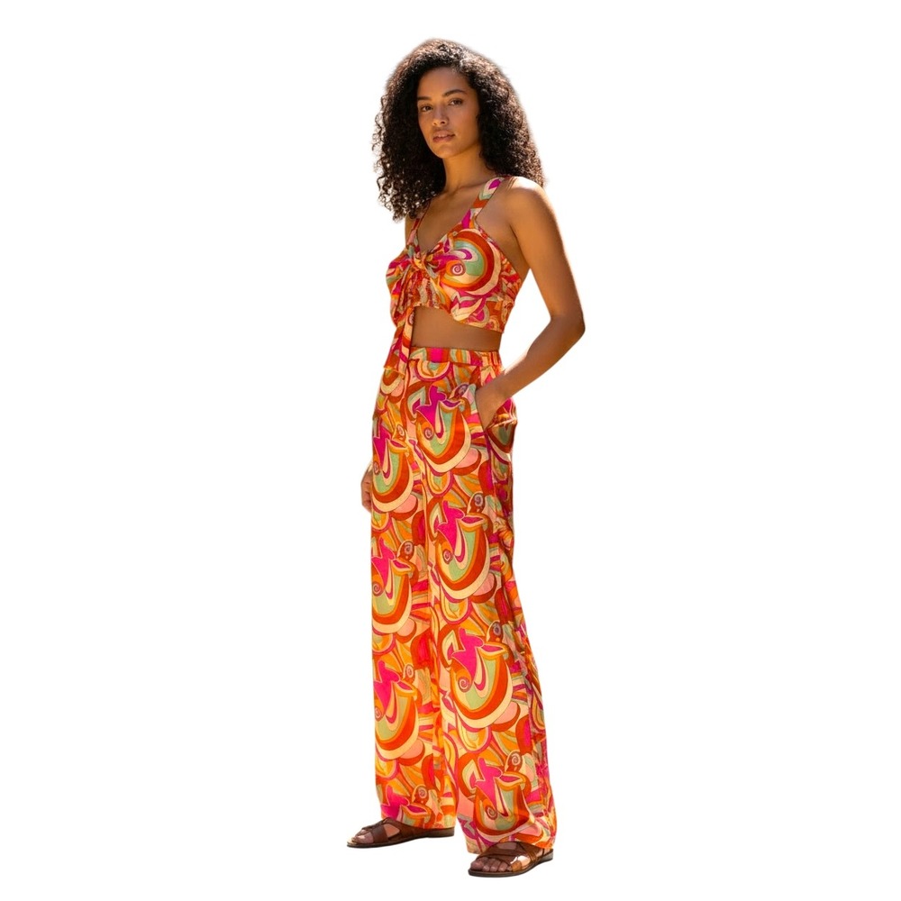 Bloom‎ Beachwear Womens Psychedelic Swirl 2 Piece Set Crop Top Wide Leg Pants M